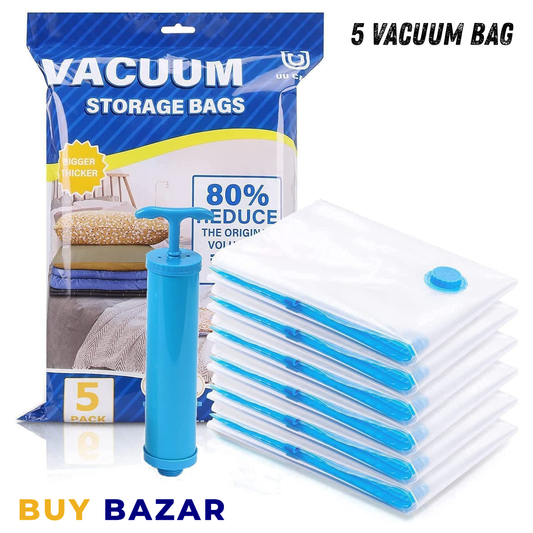 5 Pack Vacuum Storage Bags with Hand Pump – Space Saving Compression Bags for Clothes, Blankets & Bedding