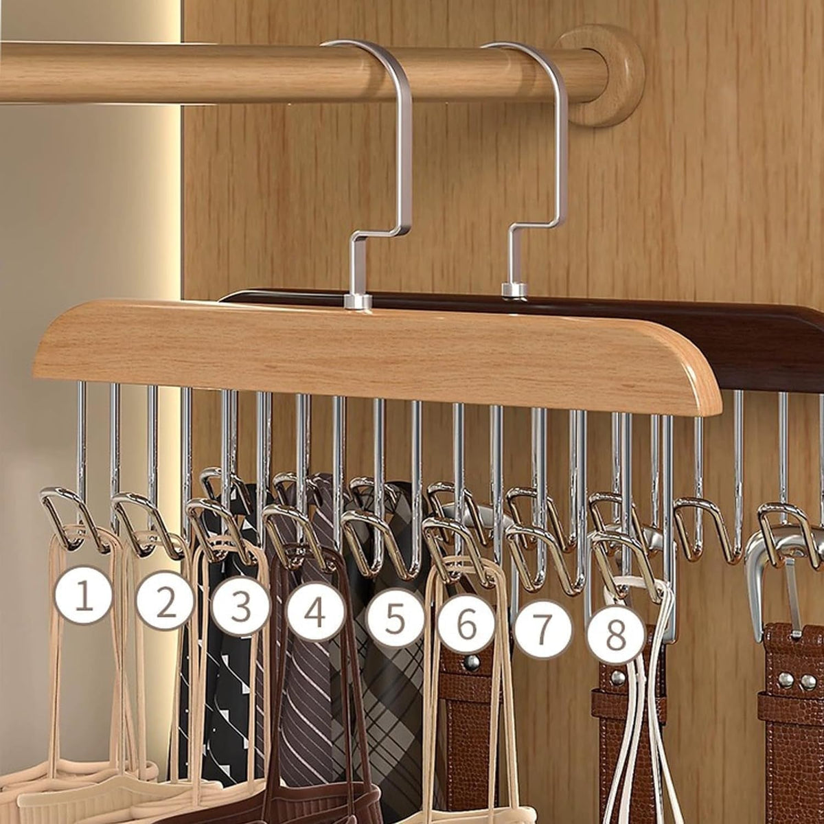 Pack of 2  – 8 Hooks Wooden Hanger Organizer – | Free Shipping