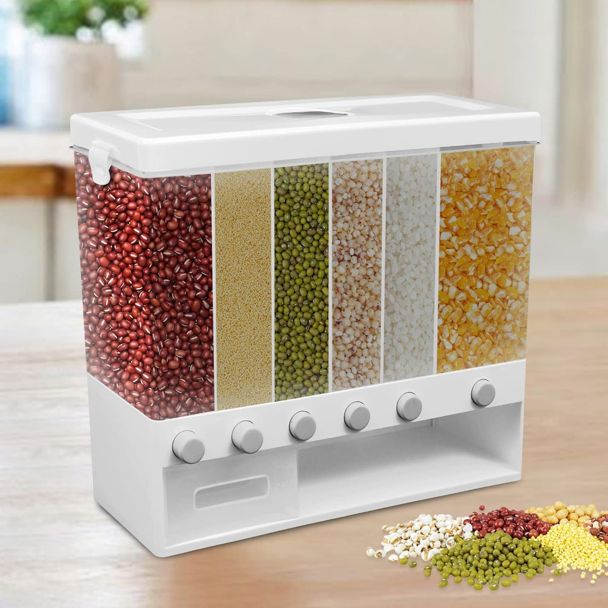 6 Grid Dry Food Dispenser – Multi-Section Grain & Pulses Storage Container