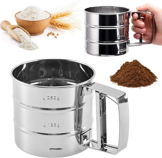 Stainless Steel Flour Sifter – Hand Press Flour Strainer with Measuring Marks With Free Shipping