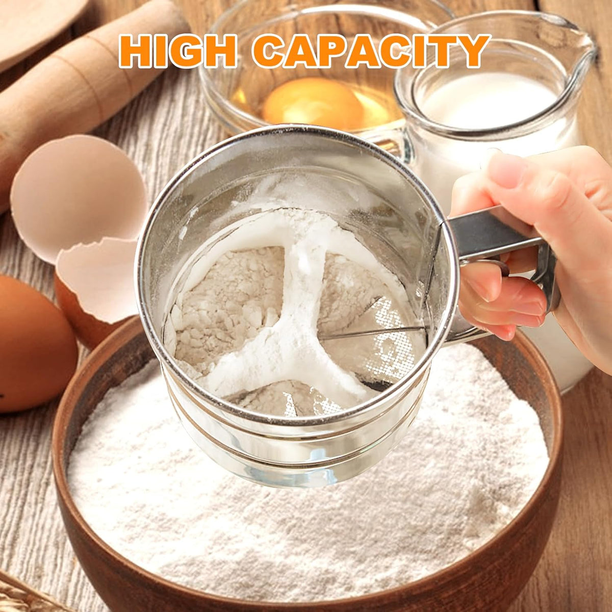 Stainless Steel Flour Sifter – Hand Press Flour Strainer with Measuring Marks With Free Shipping