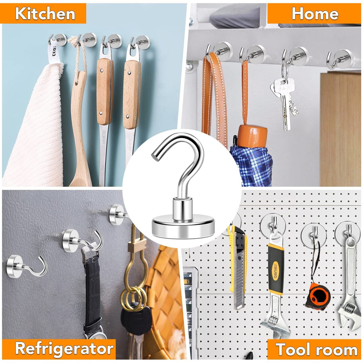 Pack of 4 Magnetic Hooks – Heavy Duty Metal Magnetic Hangers for Home, Kitchen & Storage