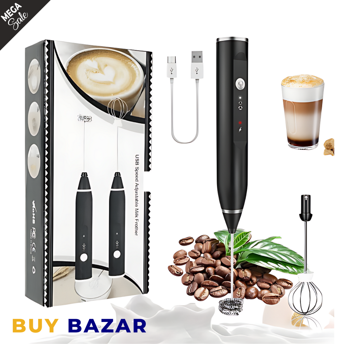 USB Rechargeable Milk Frother – Handheld Electric Coffee Frother & Foam Maker with Stainless Steel Whisk