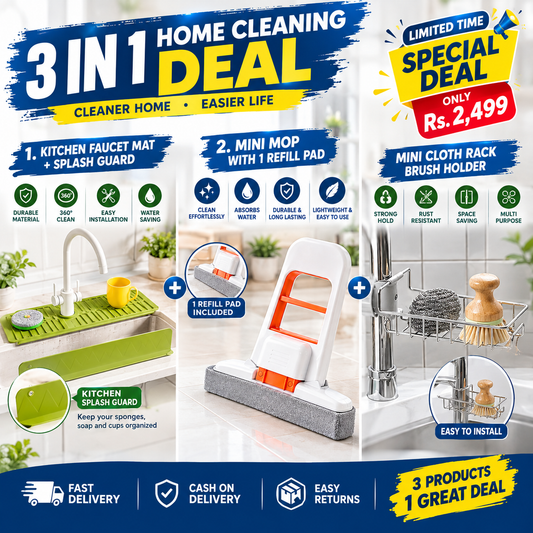 3 In 1 Home Cleaning Deal – Kitchen Faucet Mat & Splash Guard + Mini Mop with 1 Refill Pad + Mini Cloth Rack & Brush Holder