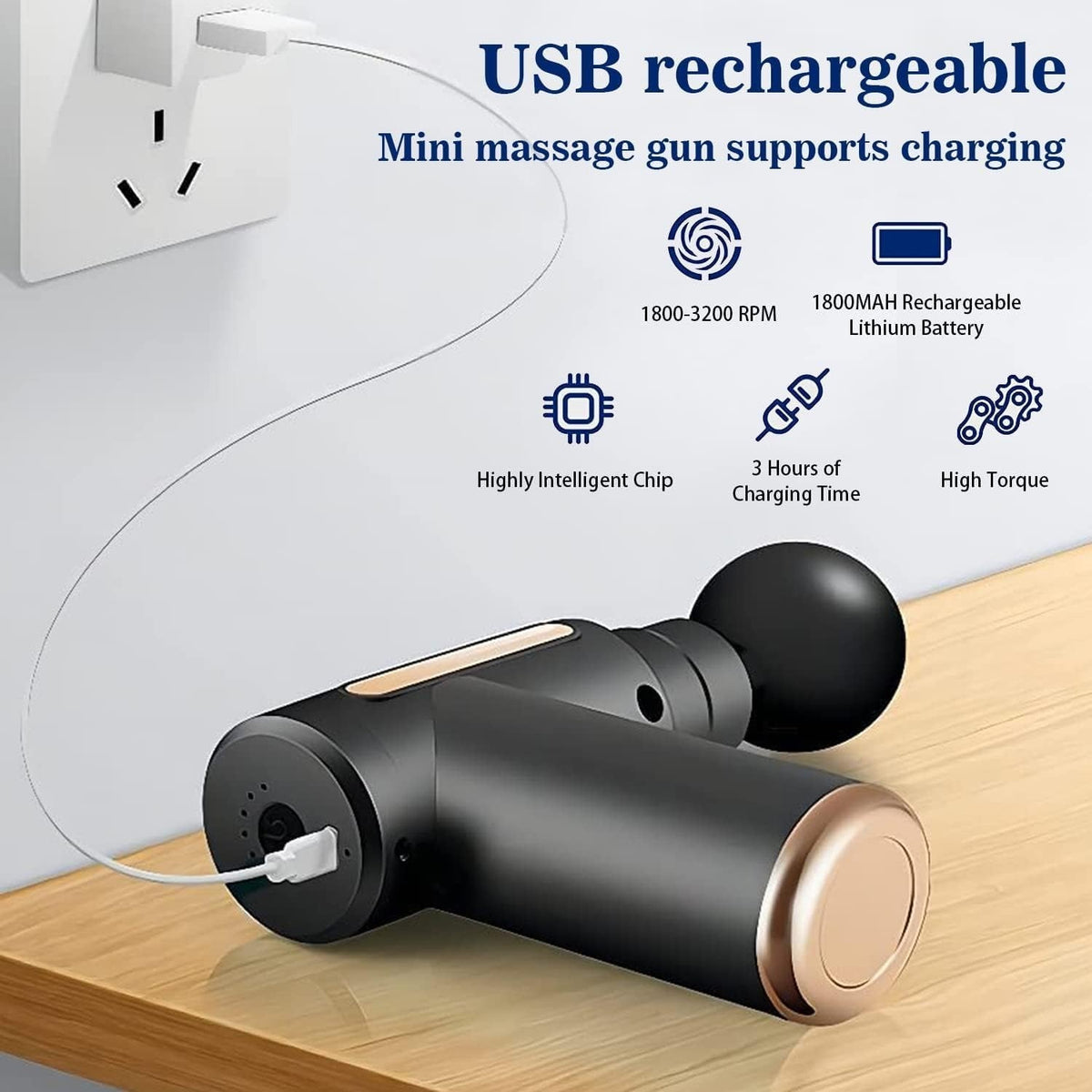 Rechargeable Muscle Massage Gun – Portable Percussion Massage Device with 4 Interchangeable Heads for Body Use